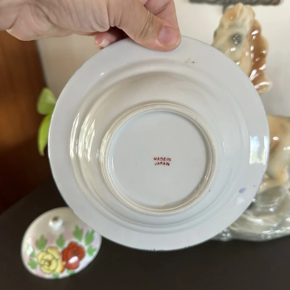 VTG Hand Painted Porcelain Floral Butter Cheese Dish Opalescent Japan 7